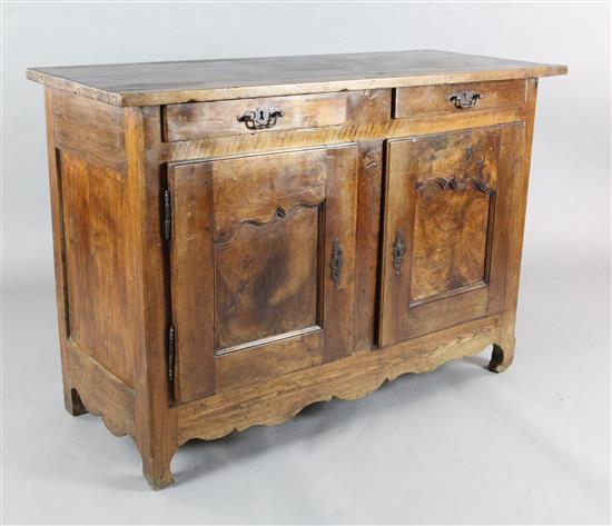 A 19th century French oak and fruitwood dresser base, W.4ft 4in. D.1ft 11in. H.3ft 1in.